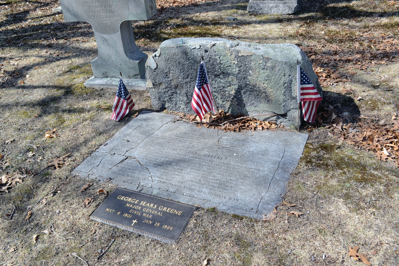HERE LIES GENERAL GREENE: The damaged capstone to General Greene’s grave is actually a replica. The original is encased in a display at City Hall – thankfully, too, as the replica was damaged by vandals about 10 years ago. The headstone is a boulder taken from the Gettysburg battlefield. 